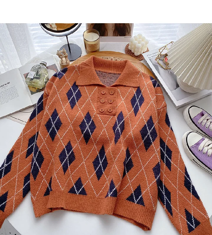 Spiritual Vitality Lapel Pullover design rhombic contrast top  6050
