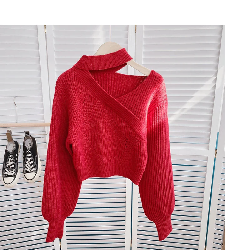 Romantic Data Design hollow out hanging neck V-Neck long sleeve temperament top  6045