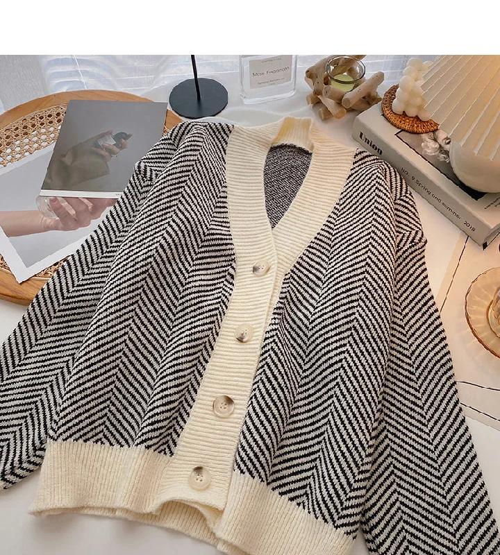 Personalized Design Lazy wind stripe sweater coat Long Sleeve Top  6044