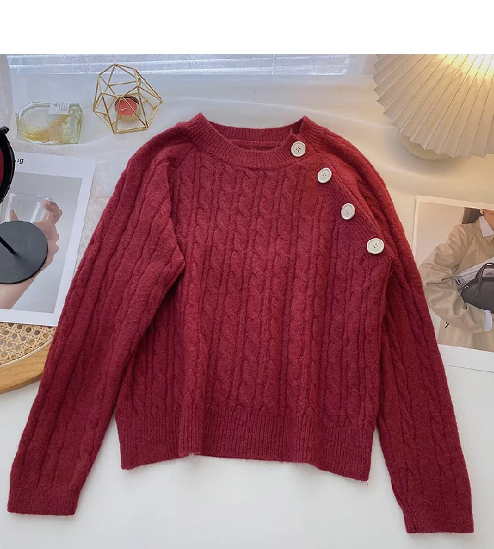 Summer Selection Design sense personalized diagonal button round neck Pullover versatile top  6032