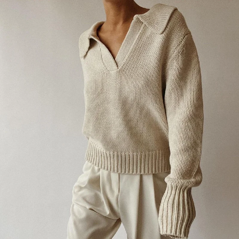 High Street Style Women Pure Color Lapel Collar V-Neck Sweater