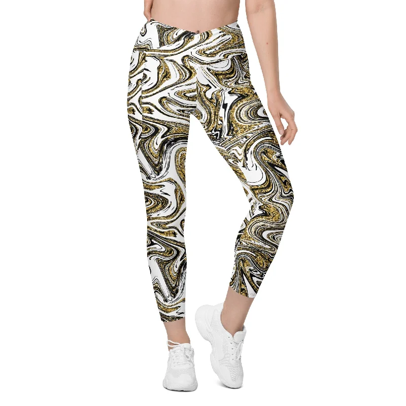 Comfy Pants Glitter Print Marble Crossover Leggings With Pockets
