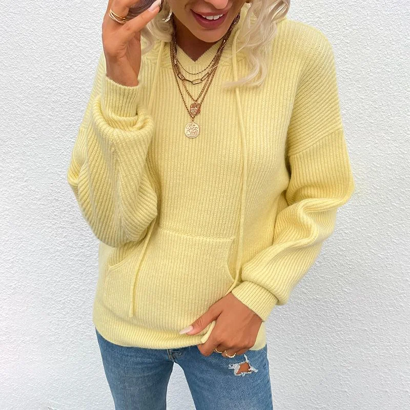 Windbreaker fashion women's sweater solid color hooded pocket knitted coat Autumn Winter Sweater Pullovers Knitted Tops
