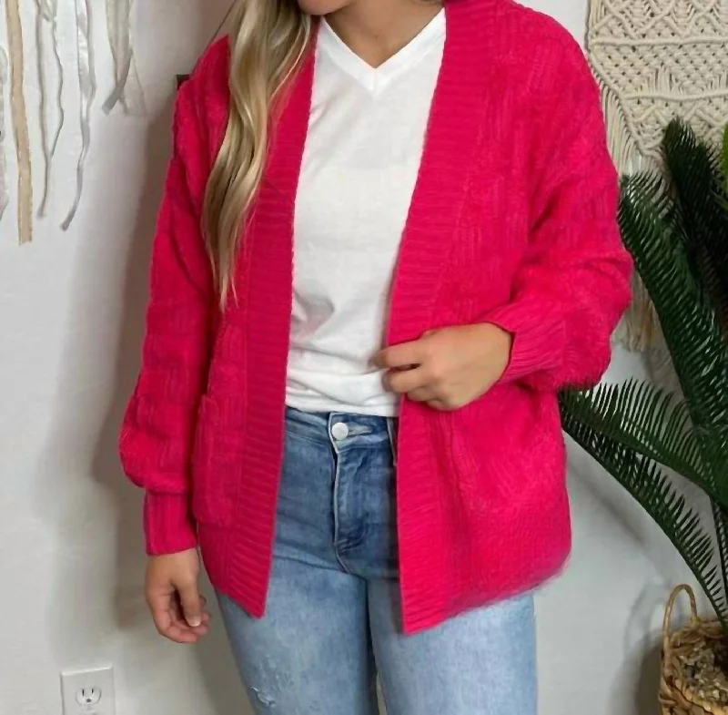 Fashion Style Fluffy Checker Cardigan In Hot Pink