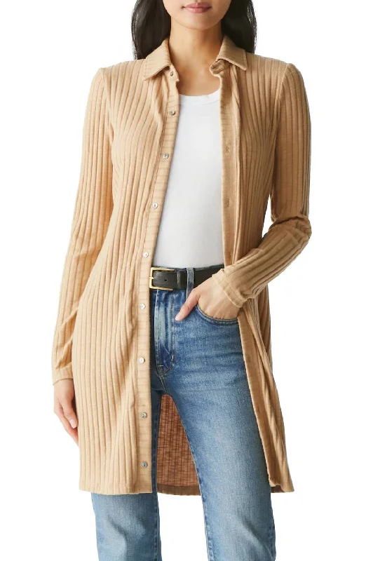 Comfortable And Casual Kayla Button Down Cardigan Dress In Cashew