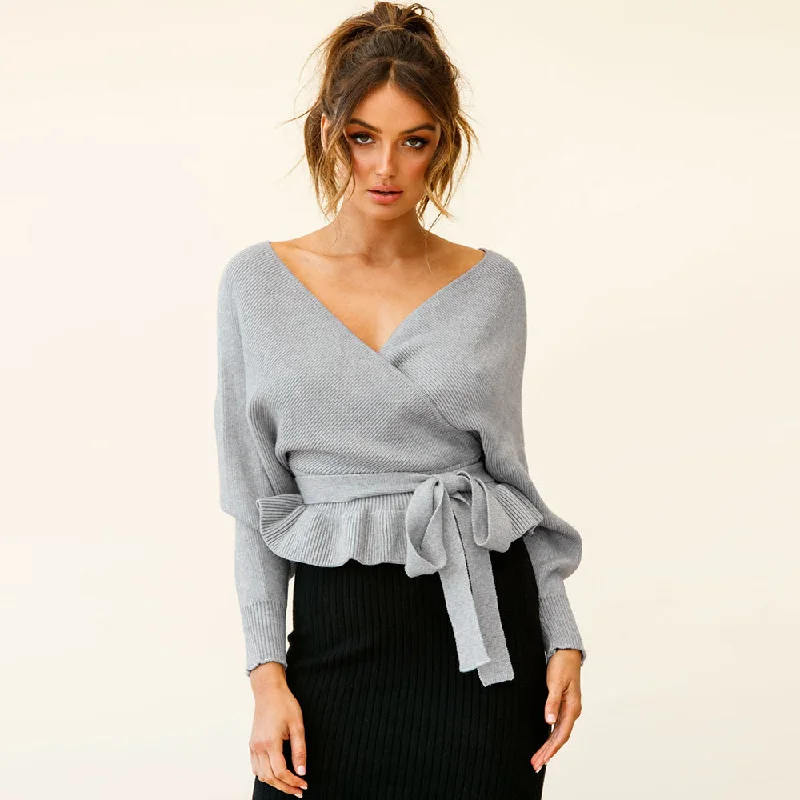 Youthful Street Fashion V-neck long-sleeved Backless Ruffled Hem Strappy Waist sweater
