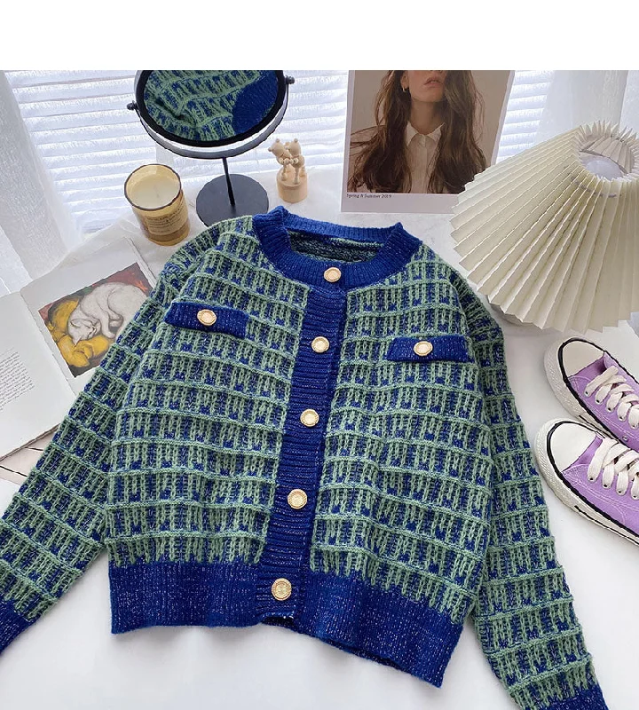 Stunning Fashion Plaid color matching Vintage sweater long sleeve coat  6057