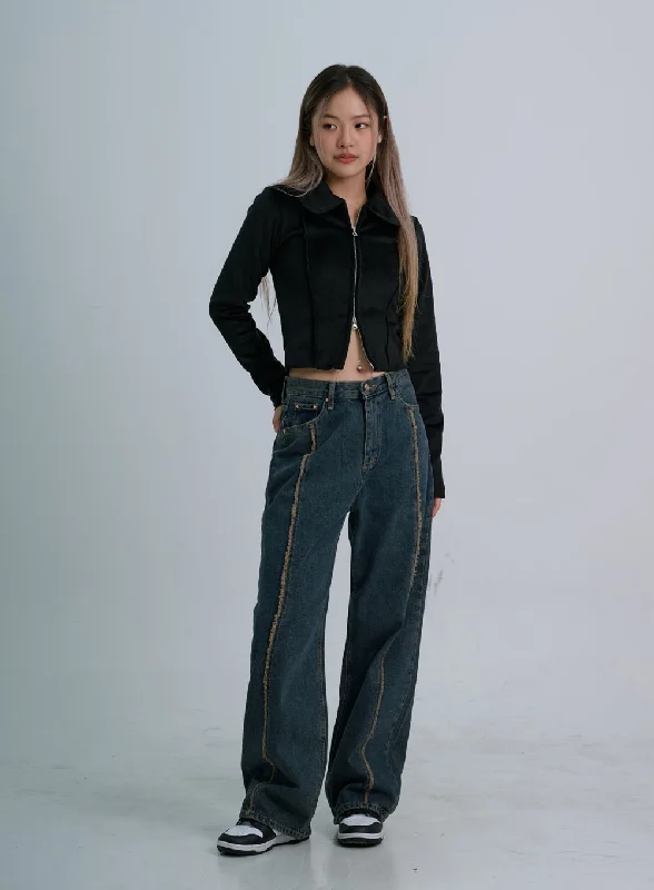 High-end Fabrics Retro Stitching Wide Denim Pants CO21