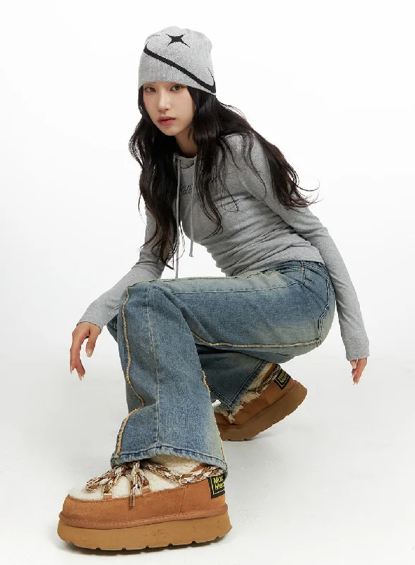 Mid-length Style Vintage Washed Bootcut Denim Jeans CF415
