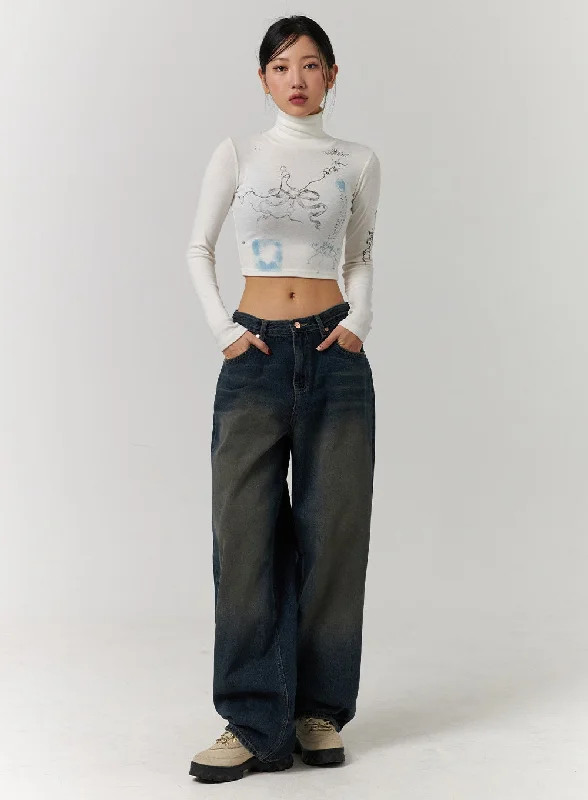 French Style Dark Washed Wide Leg Jeans CD329