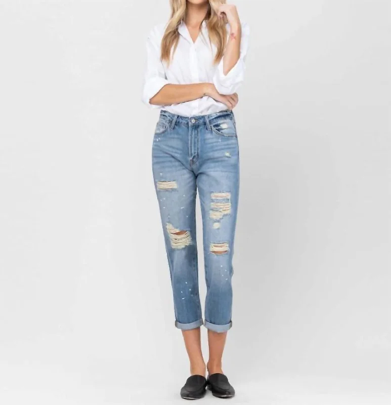 Advanced Customization Distressed Paint Splatter Boyfit Jean In Blue