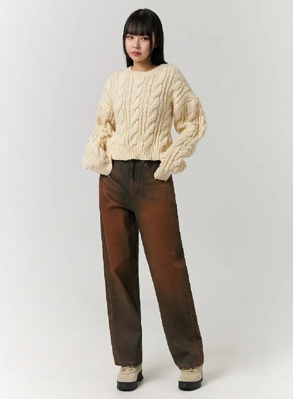 Design And Tailoring Mid Waist Washed Button Wide Leg Jeans CJ405