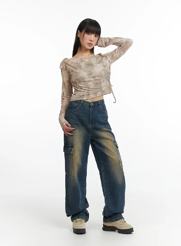 Comfortable and simple Denim High Waist Wide Leg Pocket Cargo Jeans IJ411
