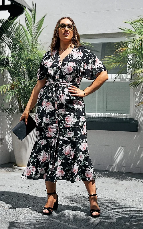 Printing decoration Sunday Dress - Black Floral