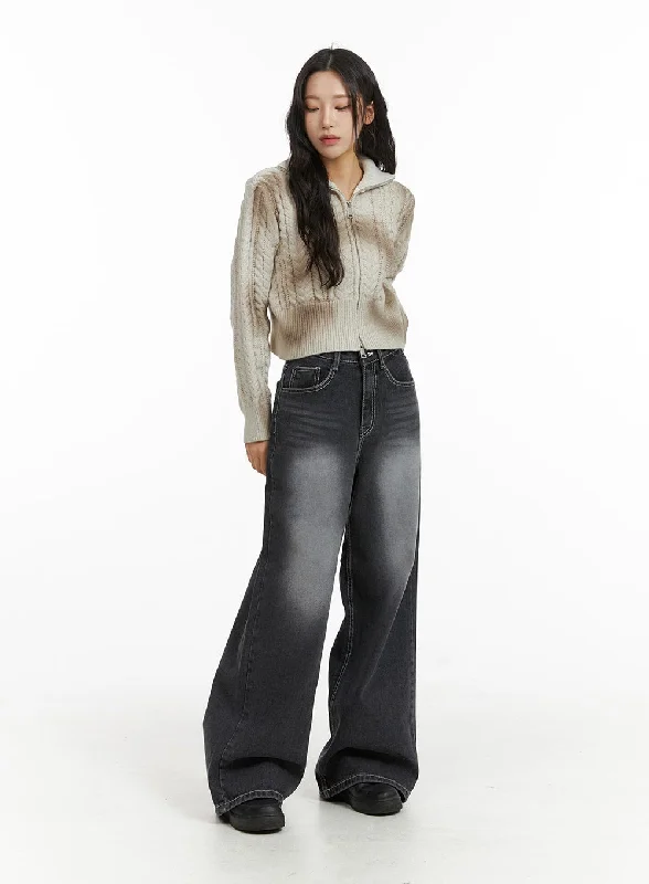 Ultra-lightweight Mid Waist Washed Button Wide Leg Jeans CJ409