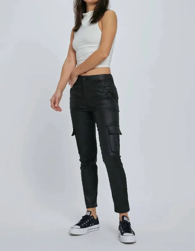 Customized Version High Rise Black Coated Cargo Cigarette Skinny Jean